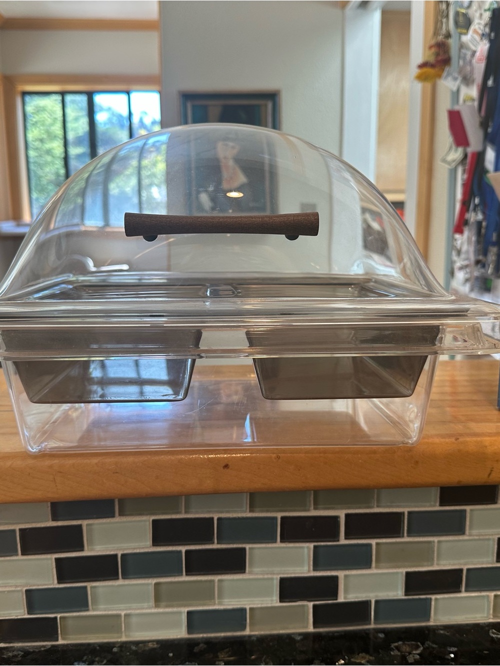 Clear Retro Lucite Food Serving Dome with wooden Handle and Removable Trays
